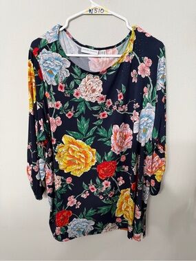 Women’s Susan Graver 2X Floral Embellished Knit Top Navy Pink 3/4 Sleeve